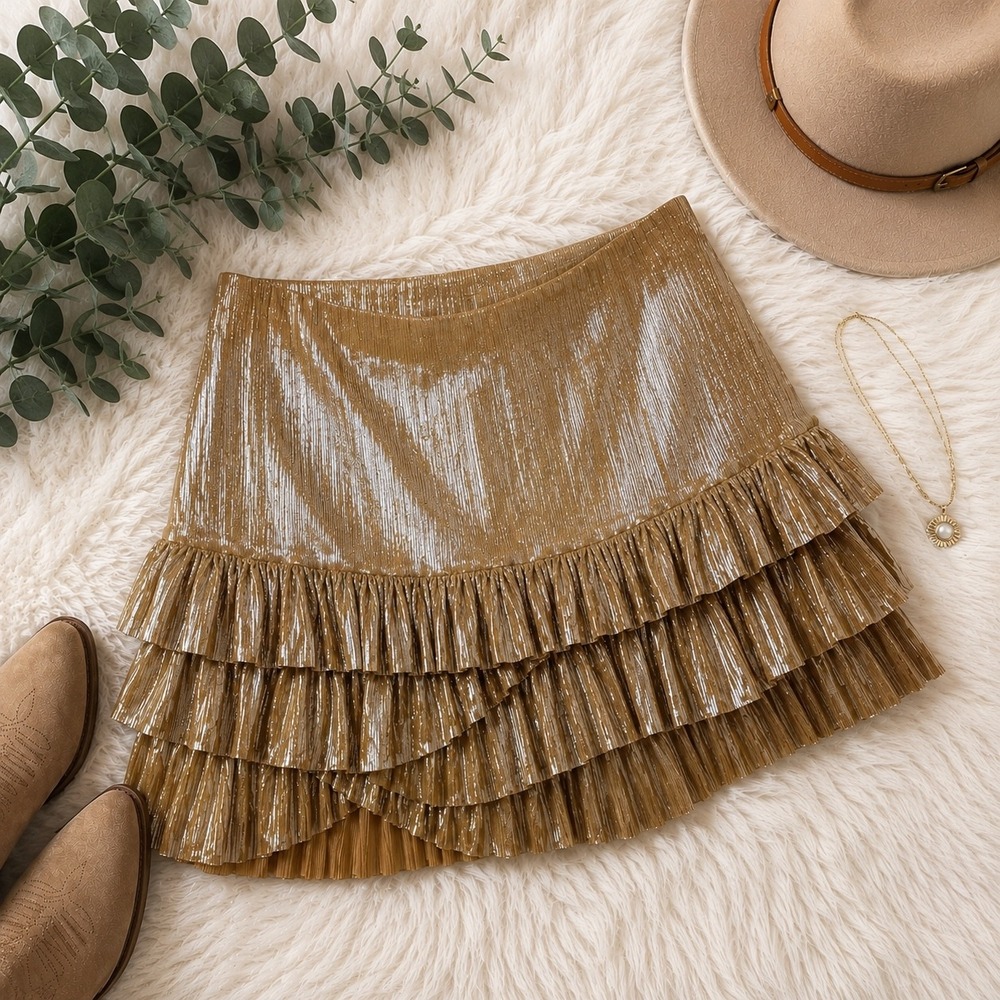 NEW Free People FP One Gold Metallic Pleated Tiered Ruffle Mini Skirt Gold